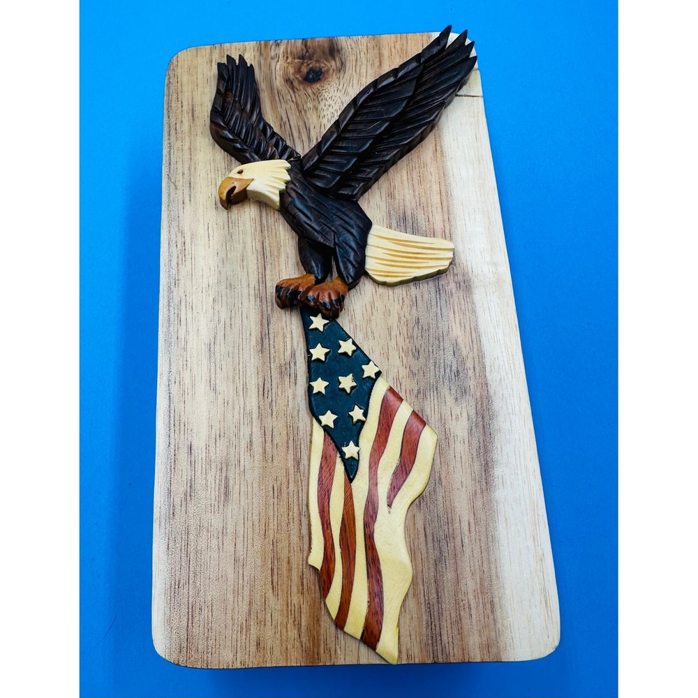 Carver Dans Wood Puzzle‎ Box Bald Eagle American Flag Trinket Box Handcut NWB